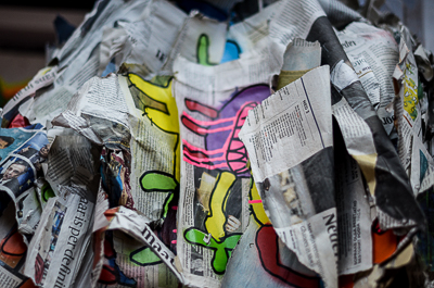 Inside Bortusk's studio -  monsters on newspapers