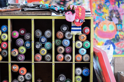 Inside Bortusk's studio - Spray cans storage