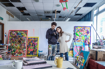 Inside Bortusk's studio - here with Jessica, who works with him