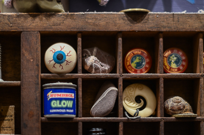 My Dog Sighs' home - detail of printer's letter cases filled with family souvenirs