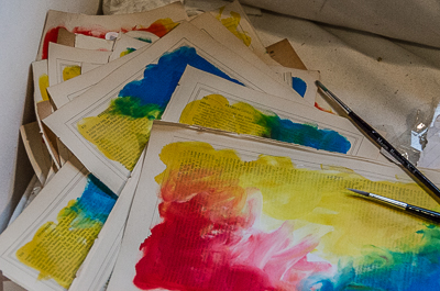 Inside My Dog Sighs' studio - Finger painted pieces prepared for the Hug Man