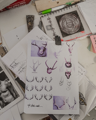 Inside Borondo's studio - Sketches and try outs for Despina Charitonidi's horns installation