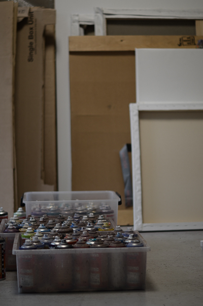 Inside Jimmy C's studio: returned canvasses and spray cans