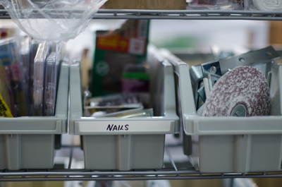 Inside Ron English's studio- drawer with nails