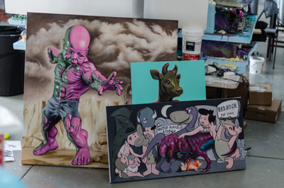 Inside Ron English's studio - canvasses