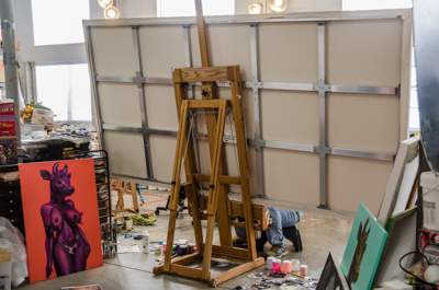 Inside Ron English's studio - Guernica canvas from behind