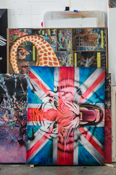 Inside Ron English's sturio - Canvasses incl. Union Jack Tiger