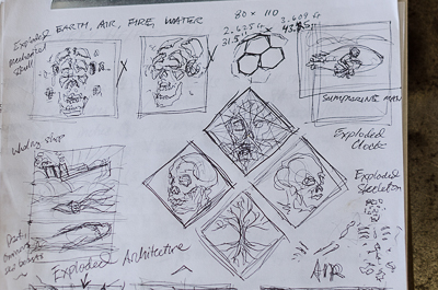 Inside Beau Stanton's studio - sketches - exploded skulls