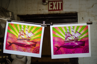 Leviathan prints hanging in Beau Stanton's studio - the result is different depending on the order the colours are layered