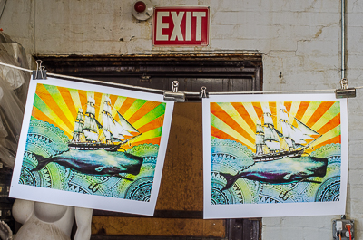 Leviathan prints hanging in Beau Stanton's studio - their colours vary depending on how much paint is applied and the strengh of the coating process