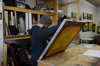 Beau Stanton preparing his hand screen print
