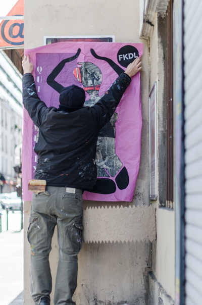 FKDL wheatpaste session in Paris - putting up Madame Quincampoix piece